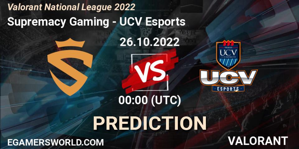 Supremacy Gaming - UCV Esports: ennuste. 26.10.2022 at 00:00, VALORANT, Valorant National League 2022