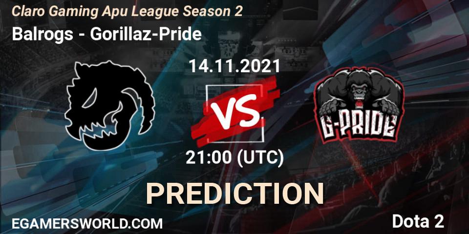 Balrogs - Gorillaz-Pride: ennuste. 14.11.2021 at 21:00, Dota 2, Claro Gaming Apu League Season 2