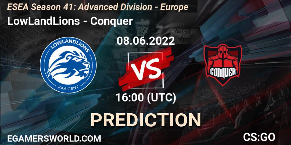 LowLandLions - Conquer: ennuste. 08.06.2022 at 16:00, Counter-Strike (CS2), ESEA Season 41: Advanced Division - Europe
