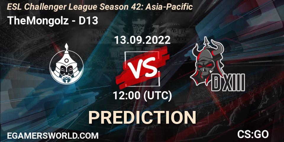 TheMongolz - D13: ennuste. 13.09.2022 at 12:00, Counter-Strike (CS2), ESL Challenger League Season 42: Asia-Pacific