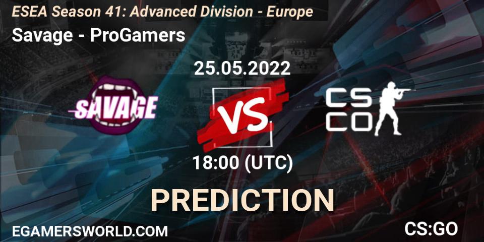 Savage - ProGamers: ennuste. 25.05.2022 at 18:00, Counter-Strike (CS2), ESEA Season 41: Advanced Division - Europe