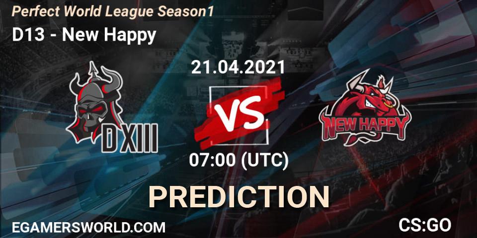D13 - New Happy: ennuste. 21.04.2021 at 07:00, Counter-Strike (CS2), Perfect World League Season 1