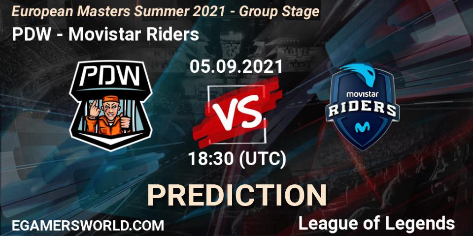PDW - Movistar Riders: ennuste. 05.09.2021 at 18:30, LoL, European Masters Summer 2021 - Group Stage