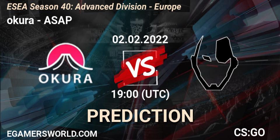 okura - ASAP: ennuste. 02.02.2022 at 19:00, Counter-Strike (CS2), ESEA Season 40: Advanced Division - Europe