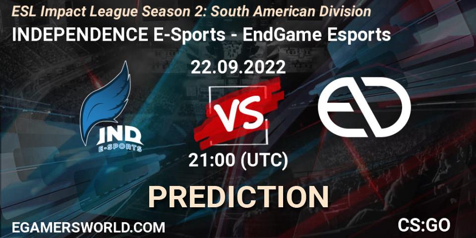 INDEPENDENCE E-Sports - EndGame Esports: ennuste. 22.09.2022 at 21:00, Counter-Strike (CS2), ESL Impact League Season 2: South American Division