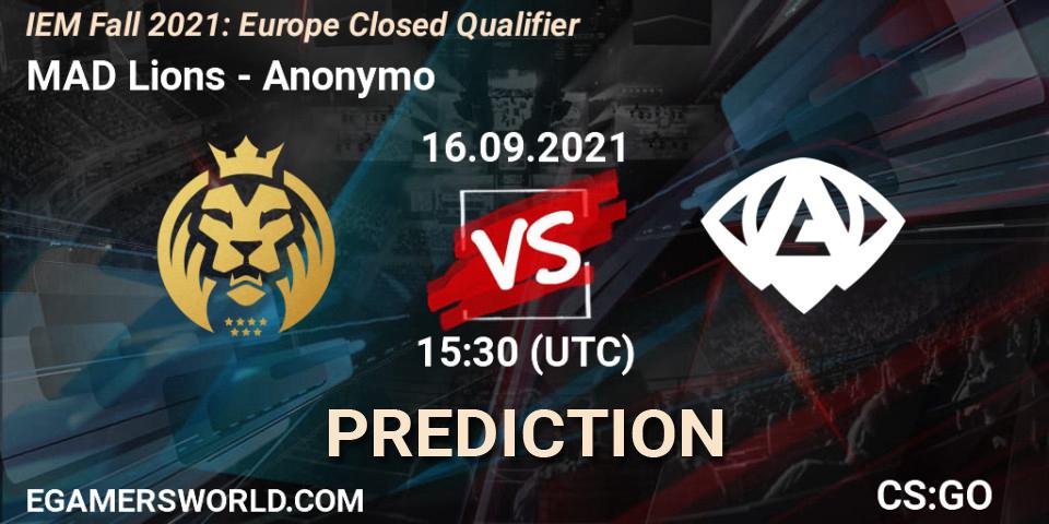 MAD Lions - Anonymo: ennuste. 16.09.2021 at 15:30, Counter-Strike (CS2), IEM Fall 2021: Europe Closed Qualifier