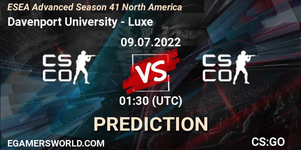 Davenport University - Luxe: ennuste. 09.07.2022 at 01:30, Counter-Strike (CS2), ESEA Advanced Season 41 North America