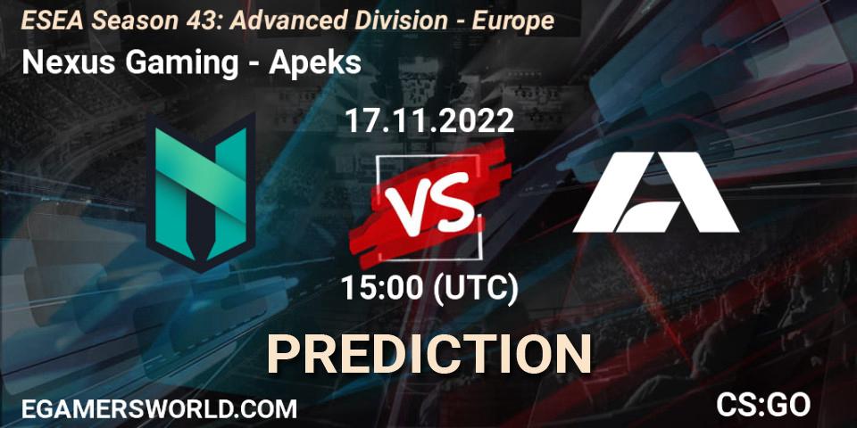 Nexus Gaming - Apeks: ennuste. 17.11.2022 at 15:00, Counter-Strike (CS2), ESEA Season 43: Advanced Division - Europe