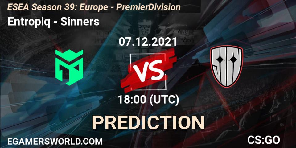 Entropiq - Sinners: ennuste. 07.12.2021 at 18:00, Counter-Strike (CS2), ESEA Season 39: Europe - Premier Division