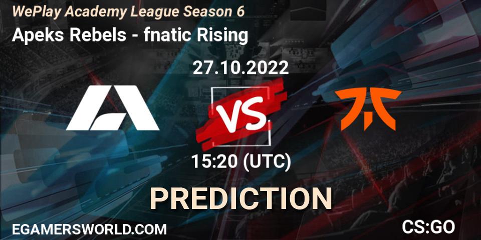 Apeks Rebels - fnatic Rising: ennuste. 27.10.2022 at 15:20, Counter-Strike (CS2), WePlay Academy League Season 6