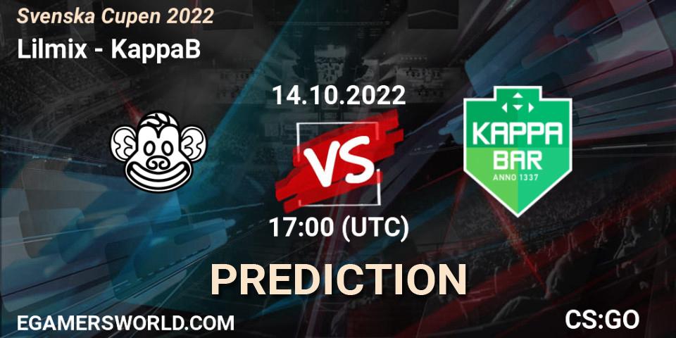 Lilmix - KappaB: ennuste. 14.10.2022 at 17:50, Counter-Strike (CS2), Svenska Cupen 2022