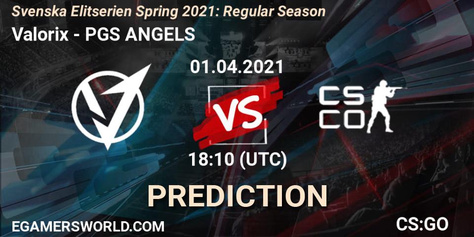 Valorix - PGS ANGELS: ennuste. 01.04.2021 at 18:10, Counter-Strike (CS2), Svenska Elitserien Spring 2021: Regular Season