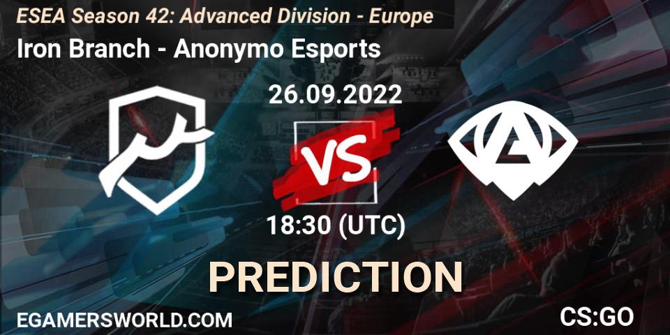 Iron Branch - Anonymo Esports: ennuste. 27.09.2022 at 18:10, Counter-Strike (CS2), ESEA Season 42: Advanced Division - Europe