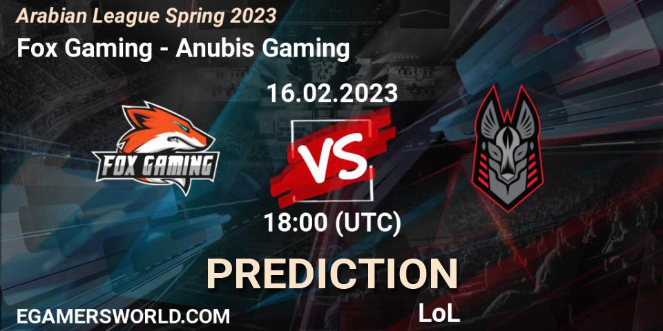 Fox Gaming - Anubis Gaming: ennuste. 16.02.2023 at 18:00, LoL, Arabian League Spring 2023