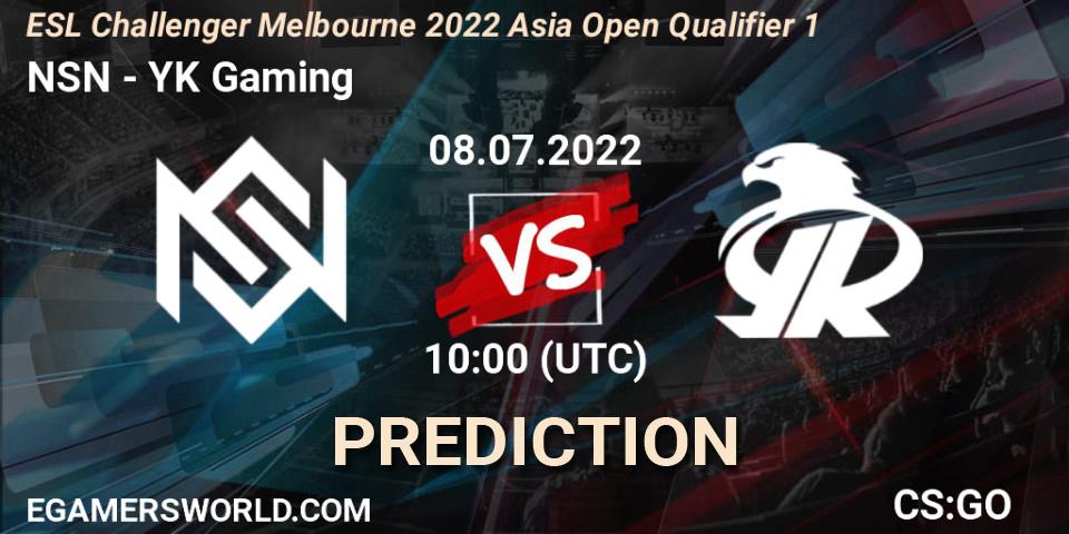 NSN - YK Gaming: ennuste. 08.07.2022 at 10:00, Counter-Strike (CS2), ESL Challenger Melbourne 2022 Asia Open Qualifier 1