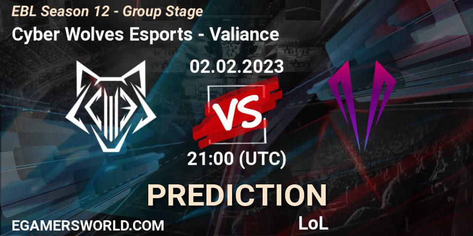 Cyber Wolves Esports - Valiance: ennuste. 02.02.2023 at 21:15, LoL, EBL Season 12 - Group Stage