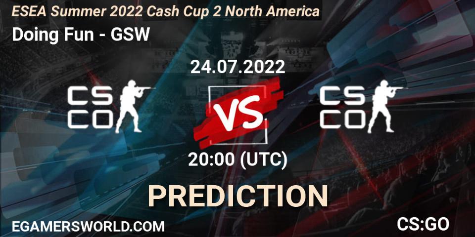 Doing Fun - GSW: ennuste. 24.07.2022 at 20:00, Counter-Strike (CS2), ESEA Summer 2022 Cash Cup 2 North America