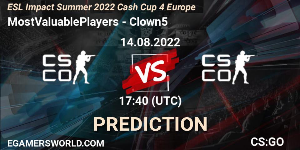 MostValuablePlayers - Clown5: ennuste. 14.08.2022 at 17:40, Counter-Strike (CS2), ESL Impact Summer 2022 Cash Cup 4 Europe