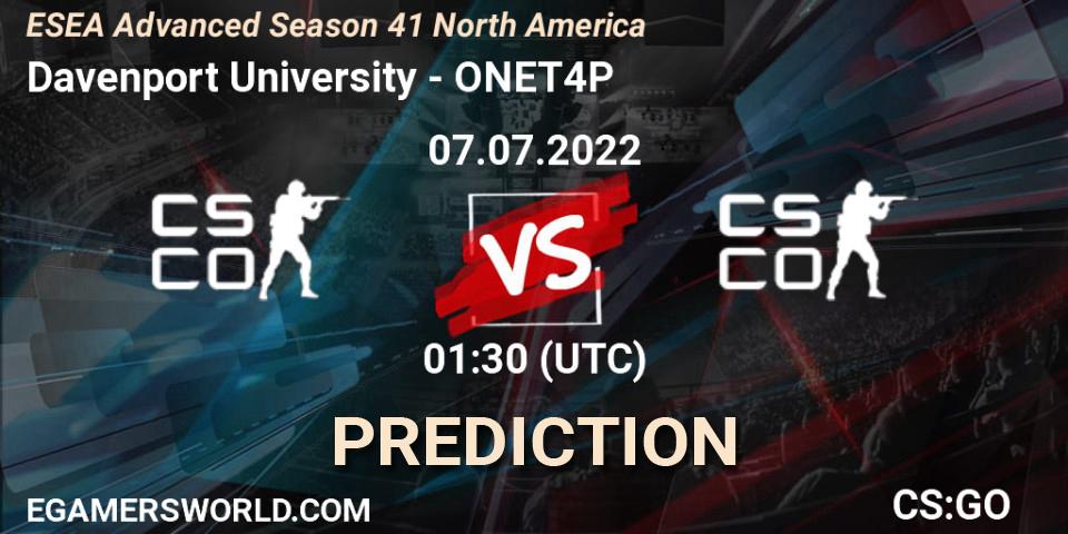 Davenport University - ONET4P: ennuste. 07.07.2022 at 01:00, Counter-Strike (CS2), ESEA Advanced Season 41 North America