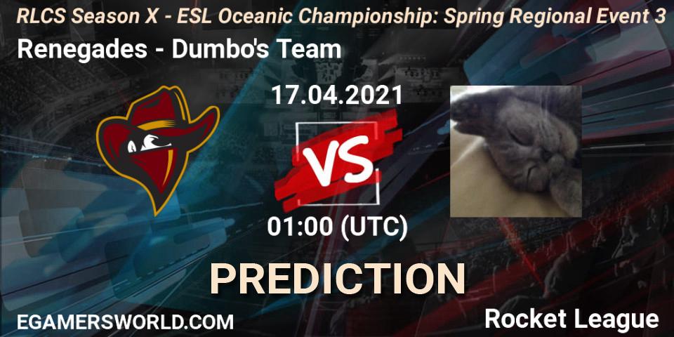 Renegades - Dumbo's Team: ennuste. 17.04.2021 at 01:00, Rocket League, RLCS Season X - ESL Oceanic Championship: Spring Regional Event 3