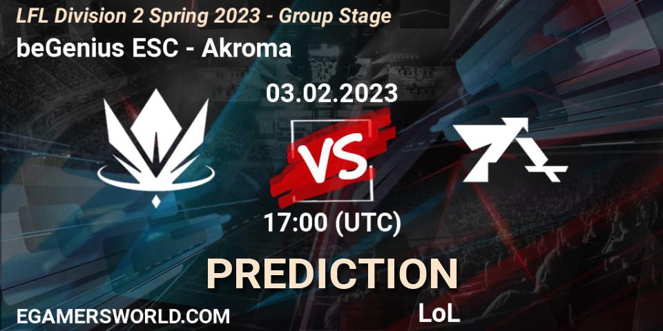 beGenius ESC - Akroma: ennuste. 03.02.2023 at 17:00, LoL, LFL Division 2 Spring 2023 - Group Stage