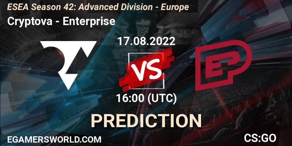 Cryptova - Enterprise: ennuste. 17.08.2022 at 16:00, Counter-Strike (CS2), ESEA Season 42: Advanced Division - Europe