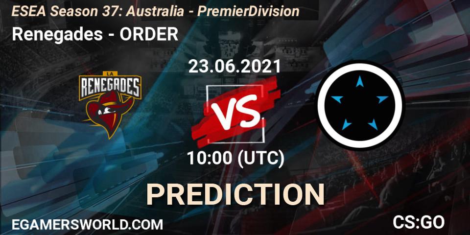 Renegades - ORDER: ennuste. 23.06.2021 at 10:00, Counter-Strike (CS2), ESEA Season 37: Australia - Premier Division