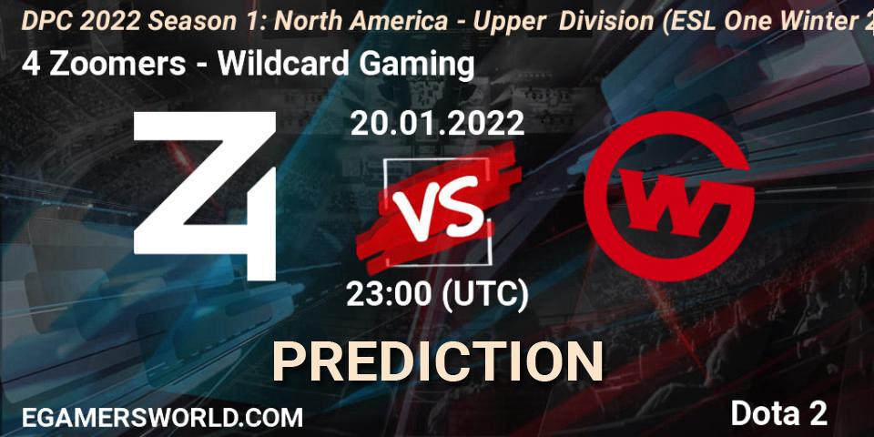 4 Zoomers - Wildcard Gaming: ennuste. 20.01.2022 at 22:55, Dota 2, DPC 2022 Season 1: North America - Upper Division (ESL One Winter 2021)