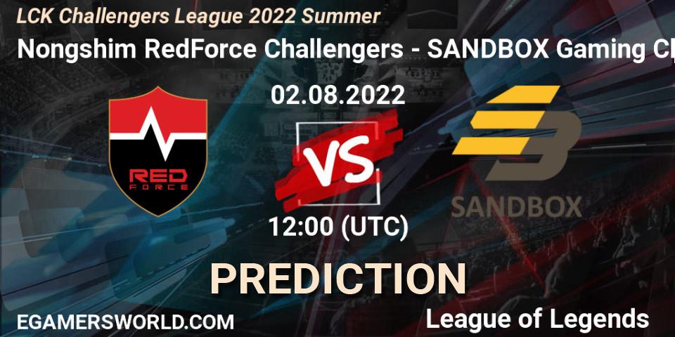 Nongshim RedForce Challengers - SANDBOX Gaming Challengers: ennuste. 02.08.2022 at 12:00, LoL, LCK Challengers League 2022 Summer