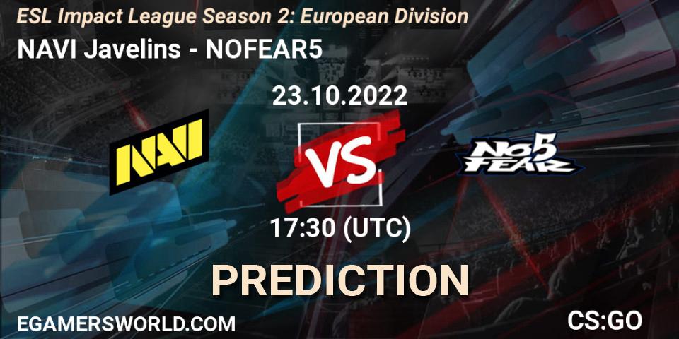 NAVI Javelins - NOFEAR5: ennuste. 23.10.2022 at 17:30, Counter-Strike (CS2), ESL Impact League Season 2: European Division