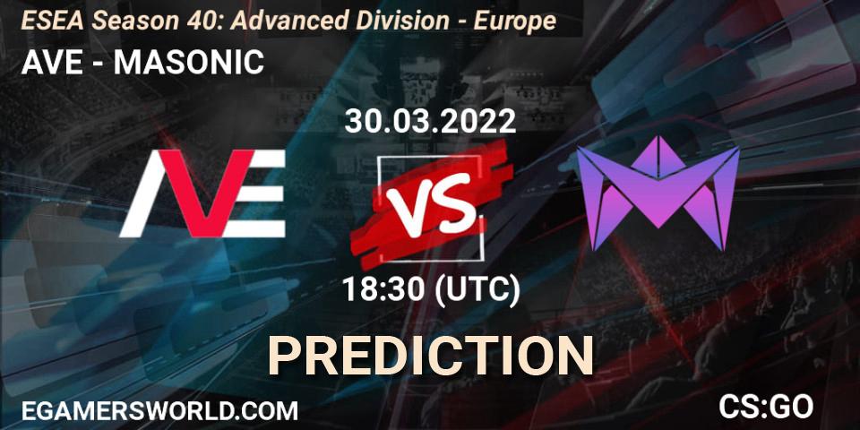 AVE - MASONIC: ennuste. 30.03.2022 at 17:00, Counter-Strike (CS2), ESEA Season 40: Advanced Division - Europe