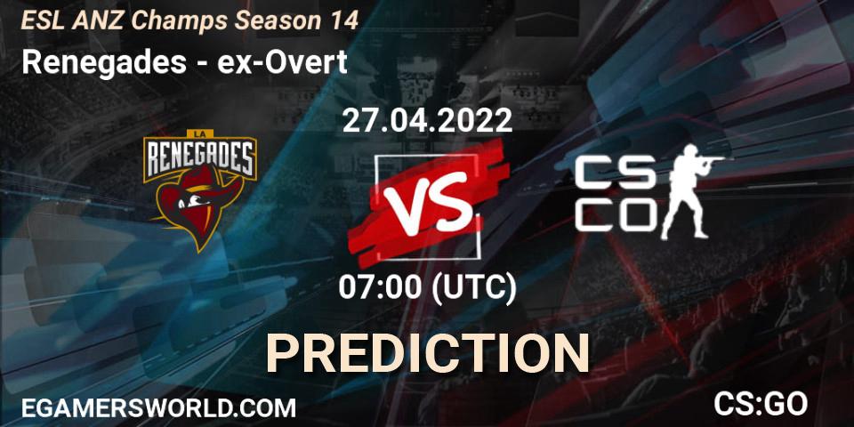 Renegades - ex-Overt: ennuste. 27.04.2022 at 07:00, Counter-Strike (CS2), ESL ANZ Champs Season 14
