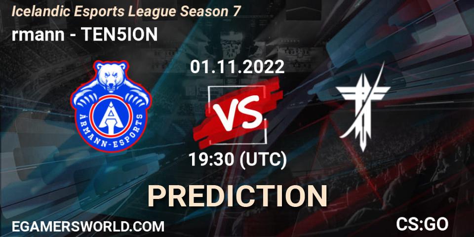 Ármann - TEN5ION: ennuste. 01.11.2022 at 19:30, Counter-Strike (CS2), Icelandic Esports League Season 7