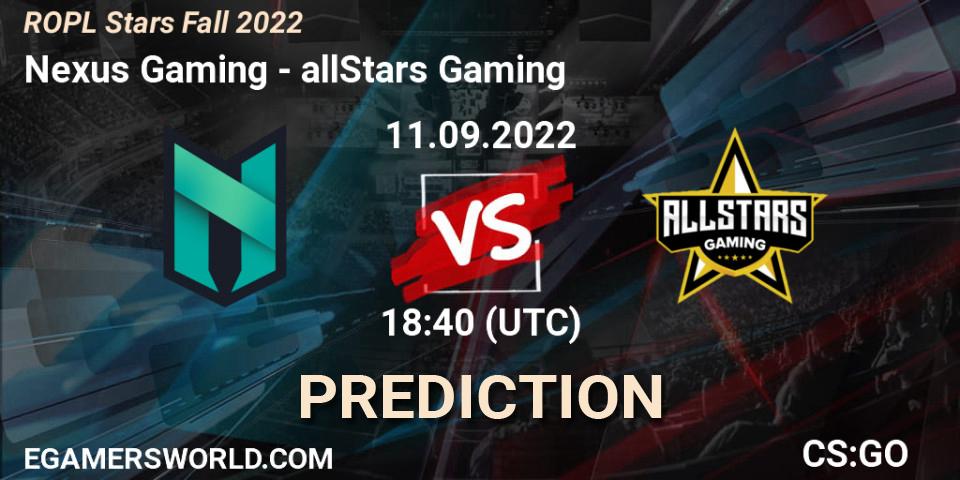 Nexus Gaming - allStars Gaming: ennuste. 11.09.2022 at 18:40, Counter-Strike (CS2), ROPL Stars Fall 2022