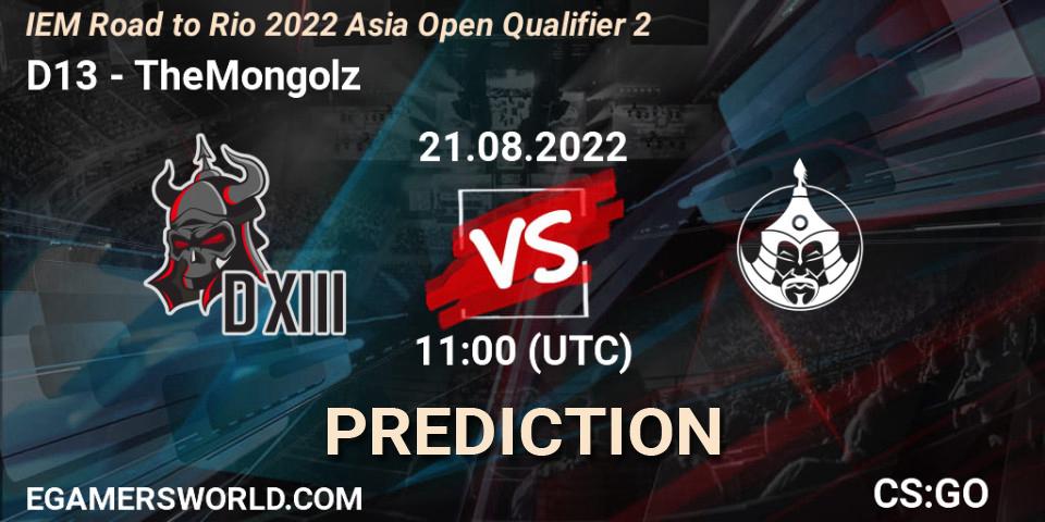 D13 - TheMongolz: ennuste. 21.08.2022 at 11:00, Counter-Strike (CS2), IEM Road to Rio 2022 Asia Open Qualifier 2