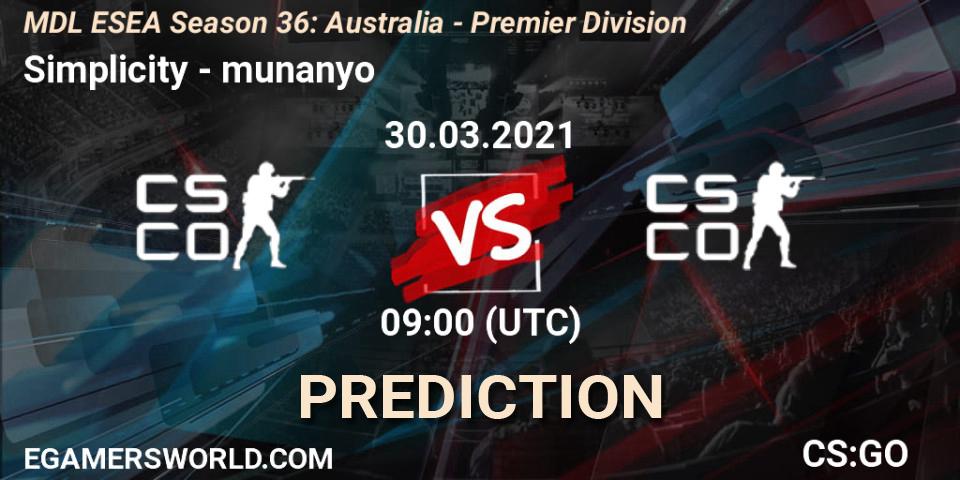 Simplicity - munanyo: ennuste. 30.03.2021 at 09:00, Counter-Strike (CS2), MDL ESEA Season 36: Australia - Premier Division