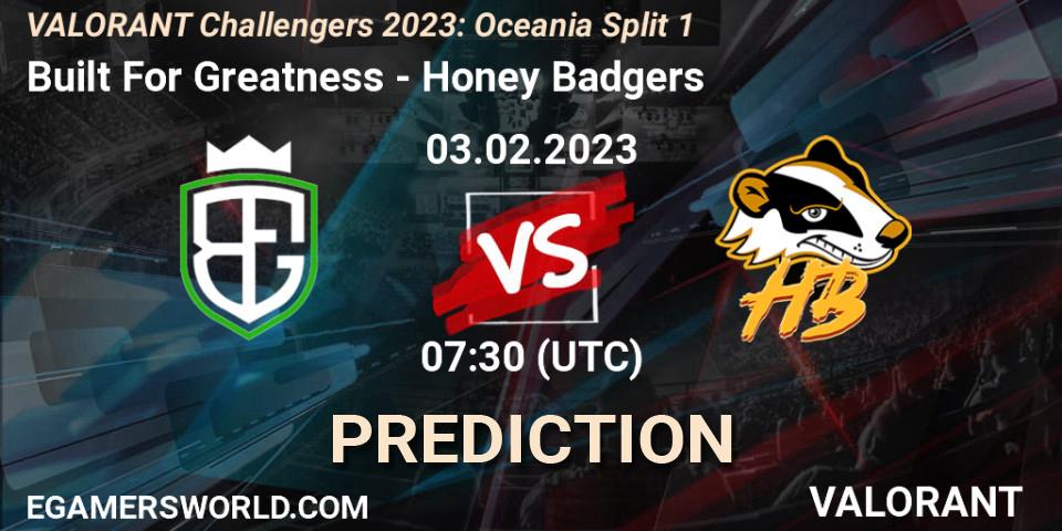 Built For Greatness - Honey Badgers: ennuste. 03.02.23, VALORANT, VALORANT Challengers 2023: Oceania Split 1