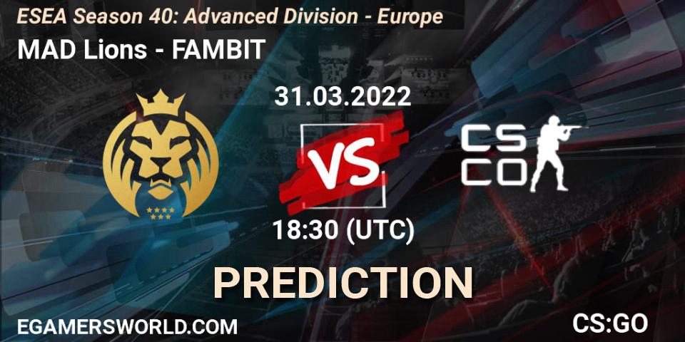 MAD Lions - FAMBIT: ennuste. 31.03.2022 at 18:30, Counter-Strike (CS2), ESEA Season 40: Advanced Division - Europe