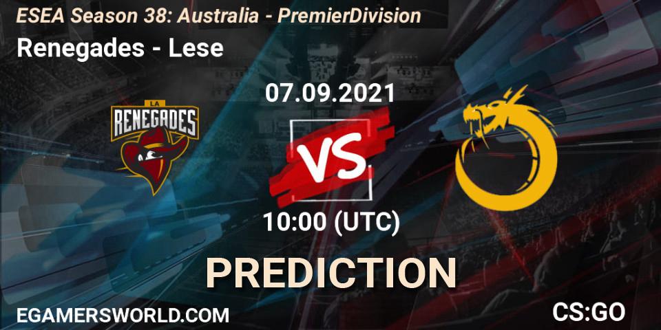 Renegades - Lese: ennuste. 07.09.2021 at 10:00, Counter-Strike (CS2), ESEA Season 38: Australia - Premier Division