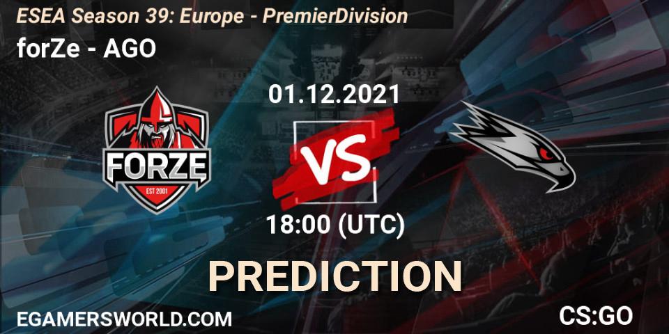 forZe - AGO: ennuste. 01.12.2021 at 18:00, Counter-Strike (CS2), ESEA Season 39: Europe - Premier Division