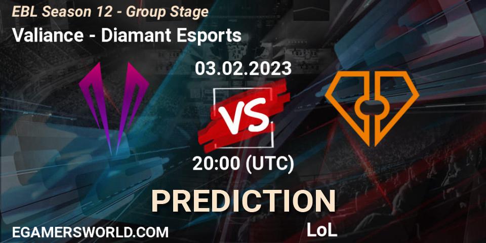 Valiance - Diamant Esports: ennuste. 03.02.2023 at 20:00, LoL, EBL Season 12 - Group Stage