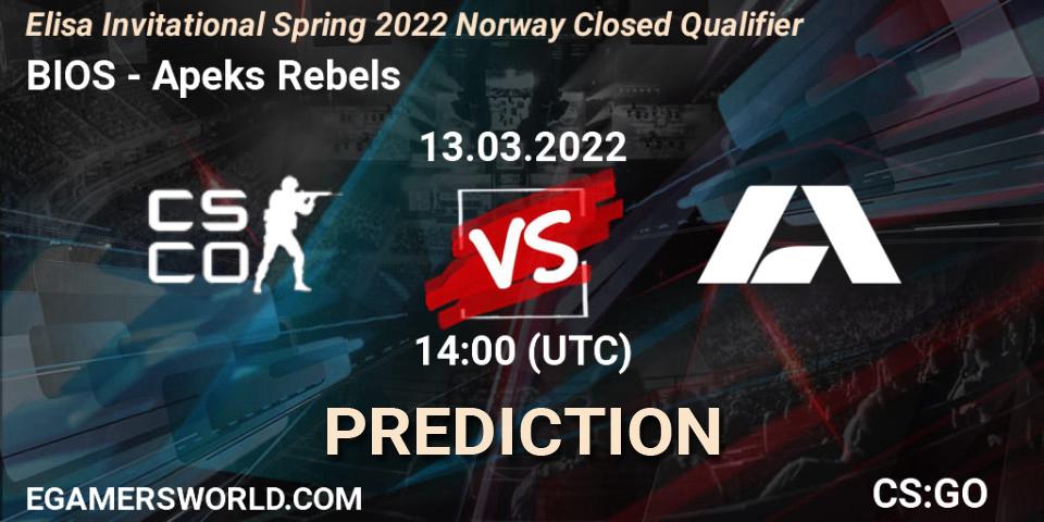 BIOS - Apeks Rebels: ennuste. 13.03.2022 at 14:00, Counter-Strike (CS2), Elisa Invitational Spring 2022 Norway Closed Qualifier