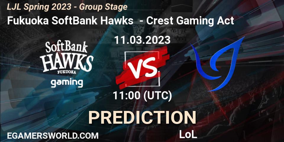 Fukuoka SoftBank Hawks - Crest Gaming Act: ennuste. 11.03.2023 at 11:15, LoL, LJL Spring 2023 - Group Stage