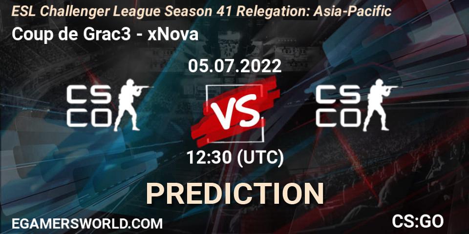 Coup de Grac3 - xNova: ennuste. 05.07.2022 at 12:30, Counter-Strike (CS2), ESL Challenger League Season 41 Relegation: Asia-Pacific