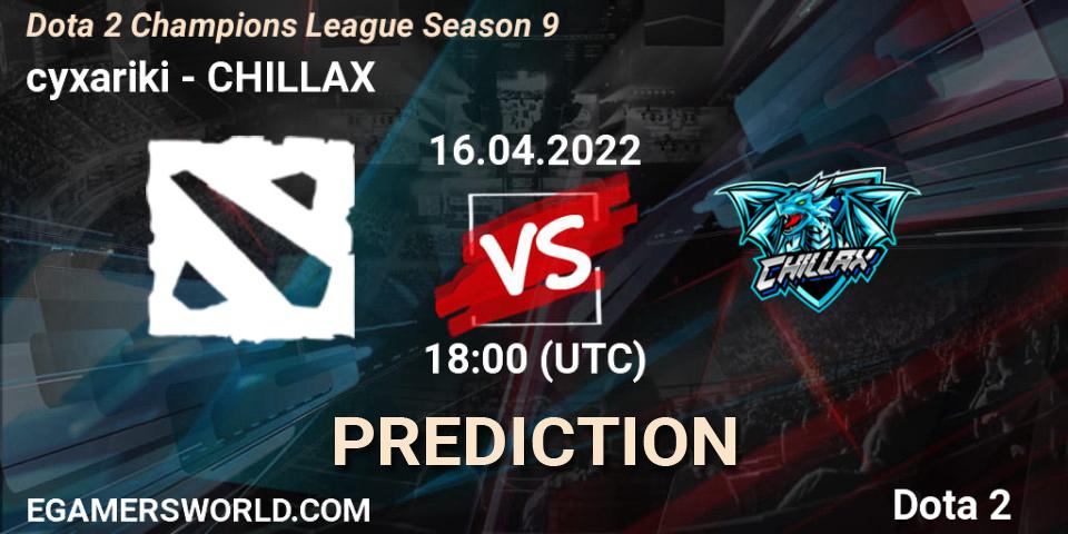 cyxariki - CHILLAX: ennuste. 16.04.2022 at 18:20, Dota 2, Dota 2 Champions League Season 9
