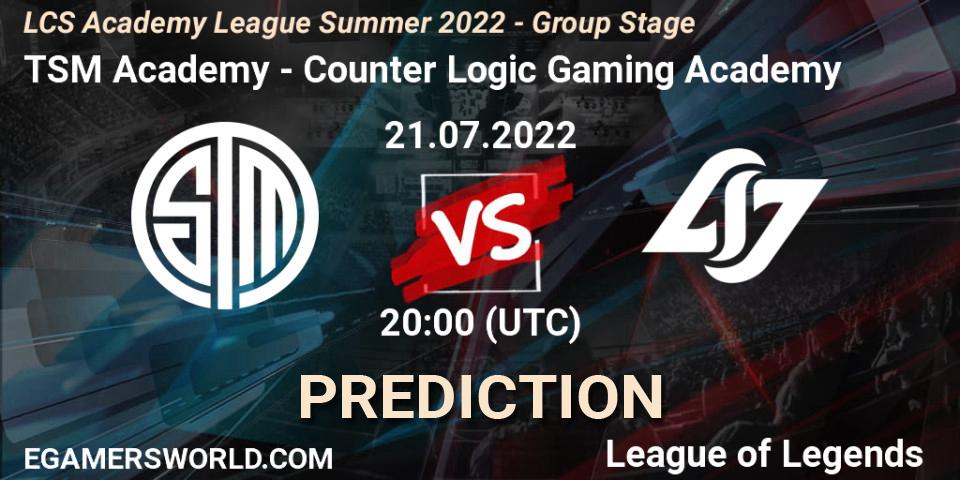 TSM Academy - Counter Logic Gaming Academy: ennuste. 21.07.2022 at 20:00, LoL, LCS Academy League Summer 2022 - Group Stage