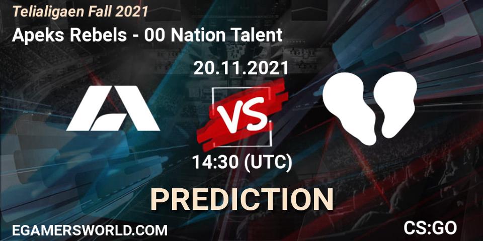 Apeks Rebels - 00 Nation Talent: ennuste. 20.11.2021 at 14:30, Counter-Strike (CS2), Telialigaen Fall 2021
