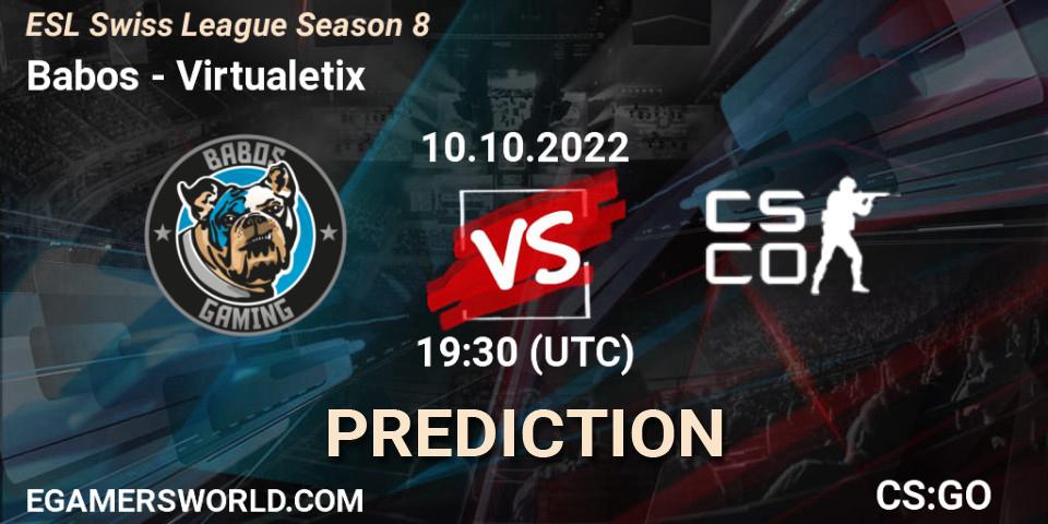 Babos - Virtualetix: ennuste. 10.10.2022 at 19:30, Counter-Strike (CS2), ESL Swiss League Season 8