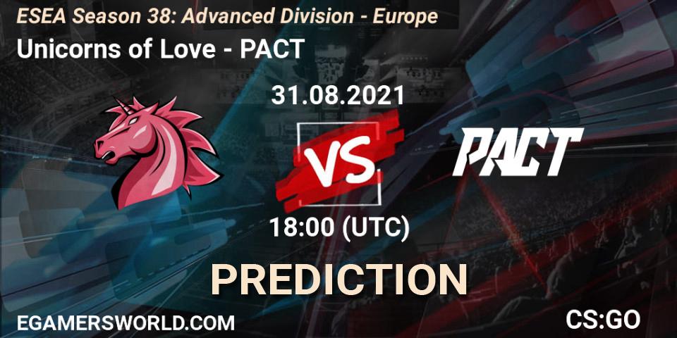 Unicorns of Love - PACT: ennuste. 31.08.2021 at 18:00, Counter-Strike (CS2), ESEA Season 38: Advanced Division - Europe
