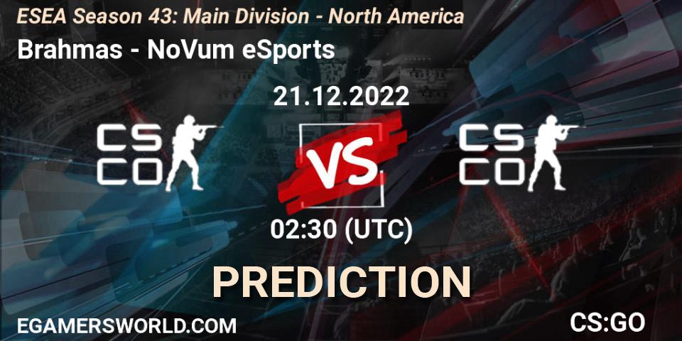 Brahmas - NoVum eSports: ennuste. 21.12.2022 at 02:30, Counter-Strike (CS2), ESEA Season 43: Main Division - North America